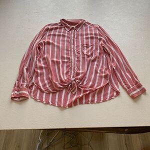 American Eagle Pink & White Striped Tie Front Button Down | Oversized Fit | L